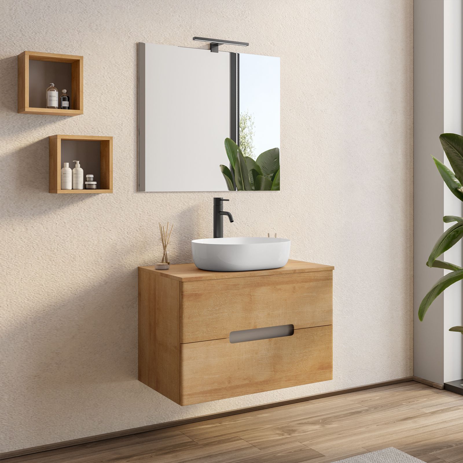 Mobile bagno sospeso 80 cm rovere heritage e tortora porta lavabo con  specchio - Fisher