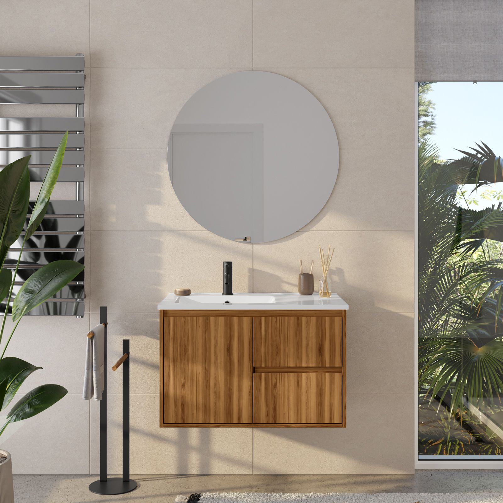 Mobile bagno sospeso 80 cm rovere sabbia con specchio - Damon