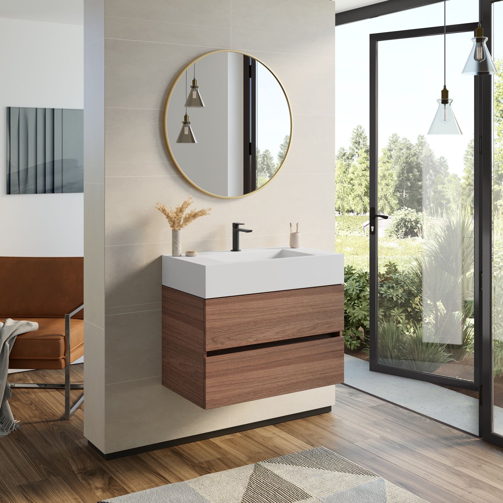 Mobile bagno sospeso 80 cm rovere scuro con top lavabo e specchio - Cover