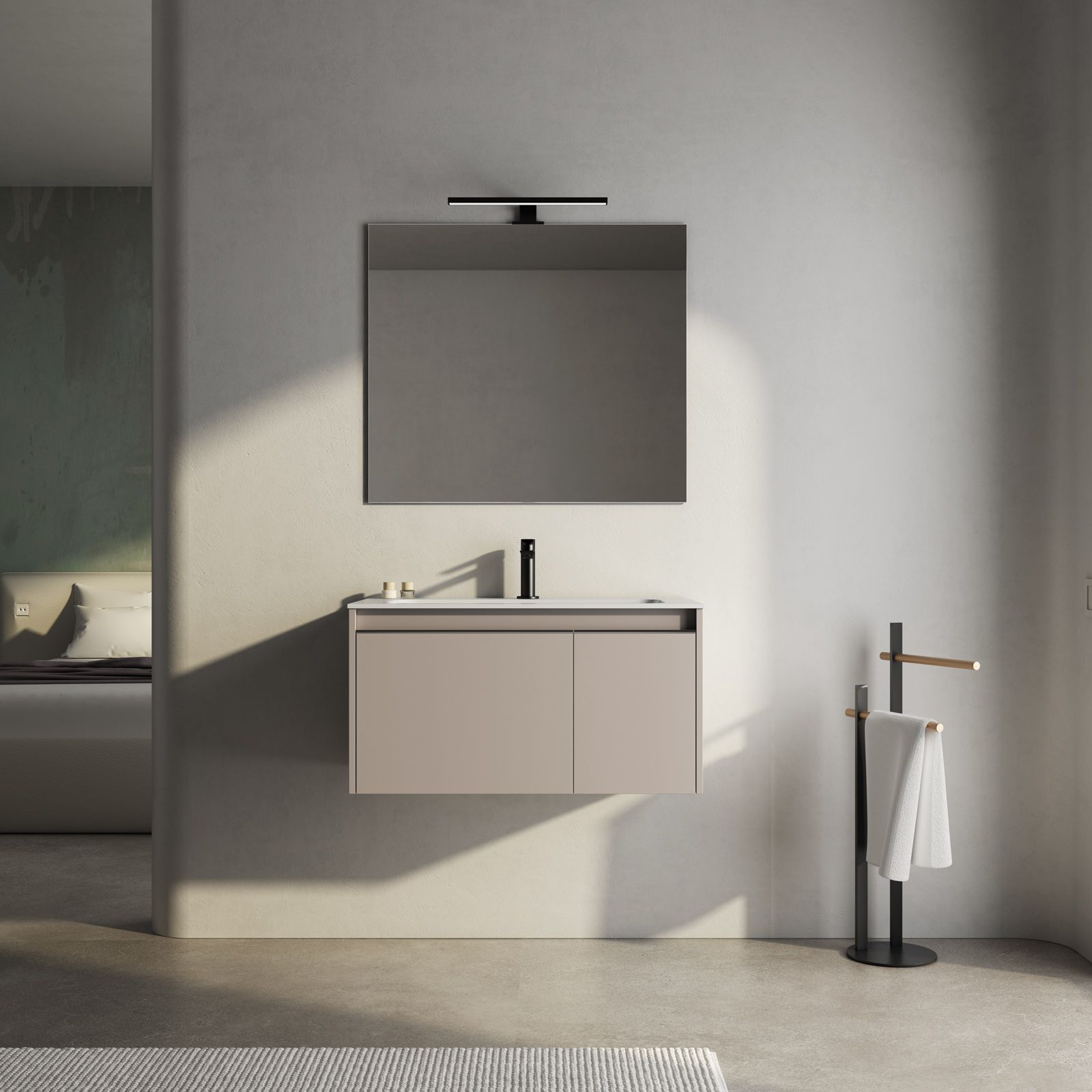 Mobile bagno sospeso 80 cm color tortora opaco con lavabo e specchio - Edith