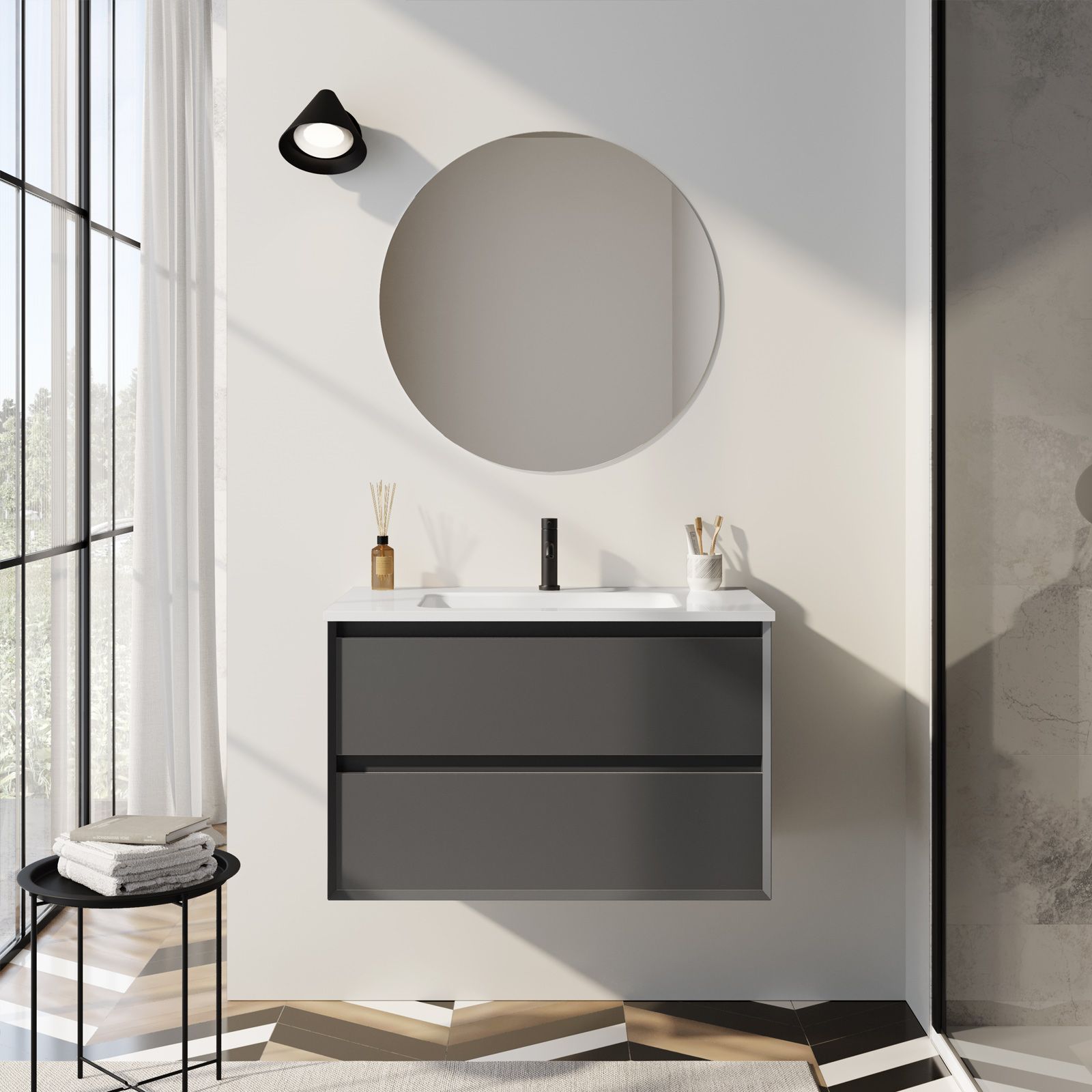 Mobile bagno sospeso 80cm un ripiano e specchiera grigio caldo DOMINO