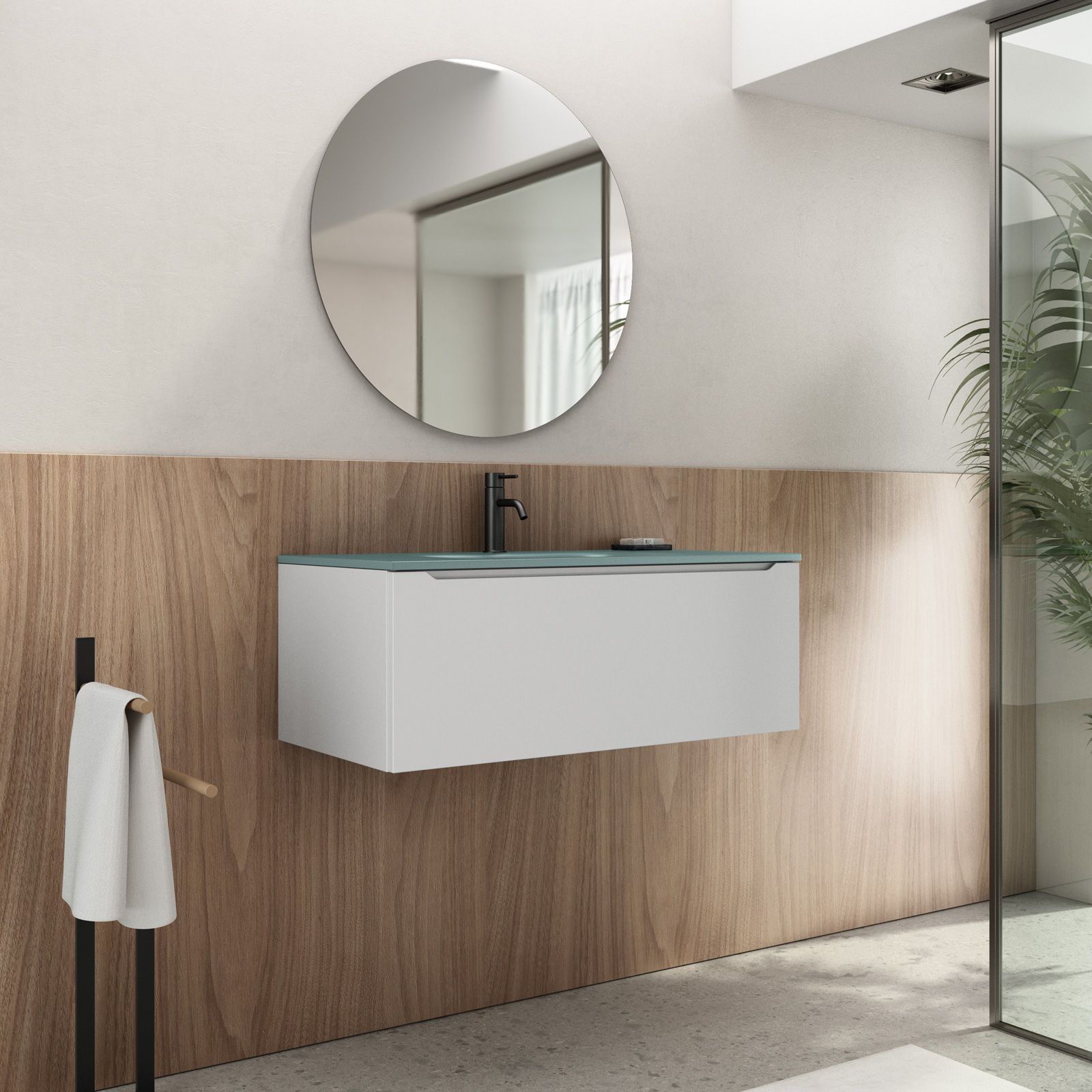 Mobile bagno sospeso 90 cm bianco opaco con lavabo in vetro verde opaco e  specchio - Sleek