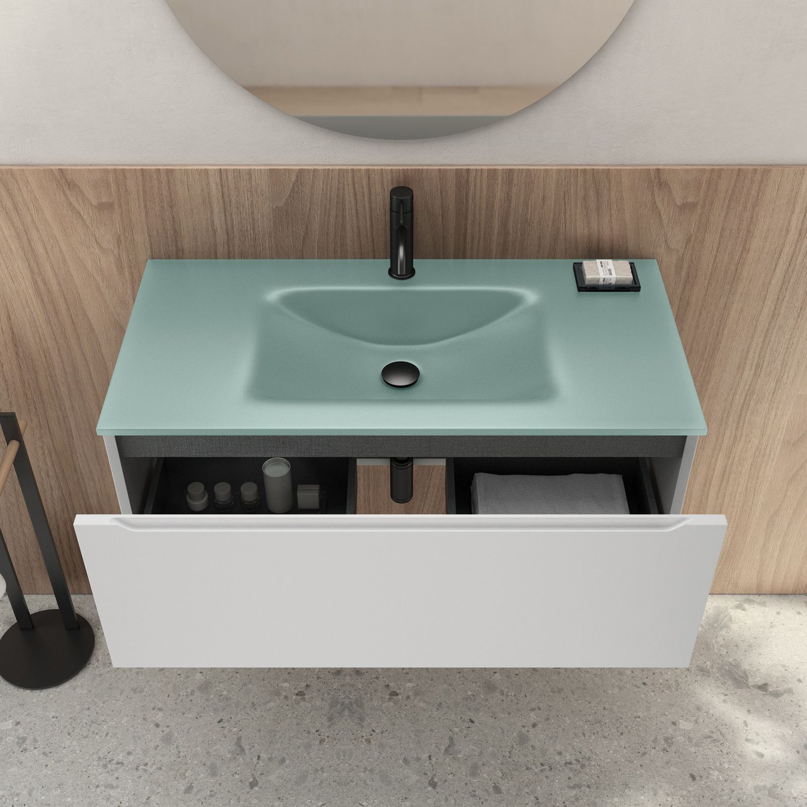 Mobile bagno sospeso 90 cm bianco opaco con lavabo in vetro verde opaco e  specchio - Sleek