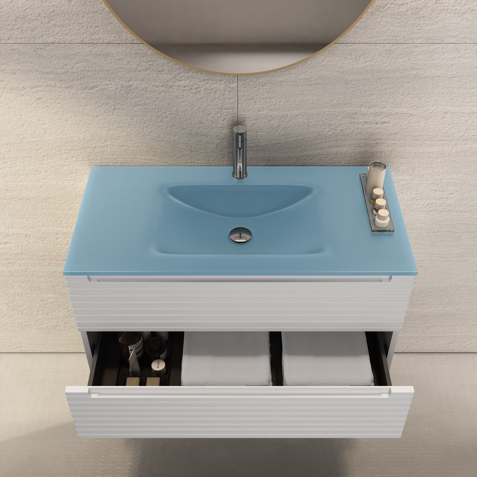 Mobile bagno sospeso 90 cm con cassetti bianco opaco e lavabo in vetro blu  opaco - Deck