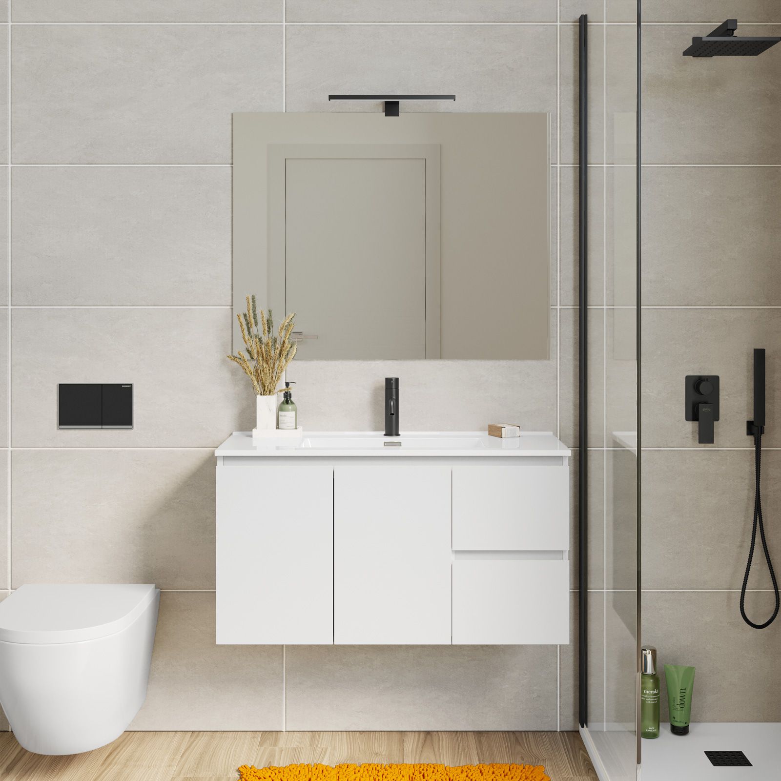 Mobile bagno sospeso 90 cm con doppia anta e doppio cassetto bianco lucido  – Compact