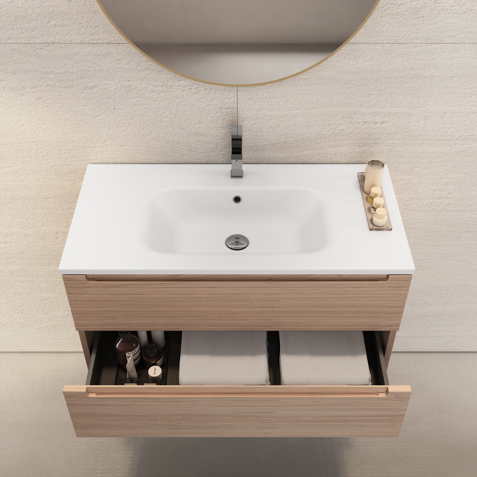 Mobile bagno sospeso cannettato 90 cm il legno rovere portofino con specchio  - Deck