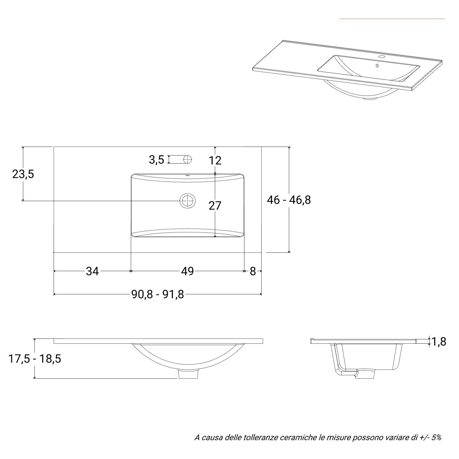 Mobile bagno sospeso 90 cm nero opaco con lavabo dx e vano a