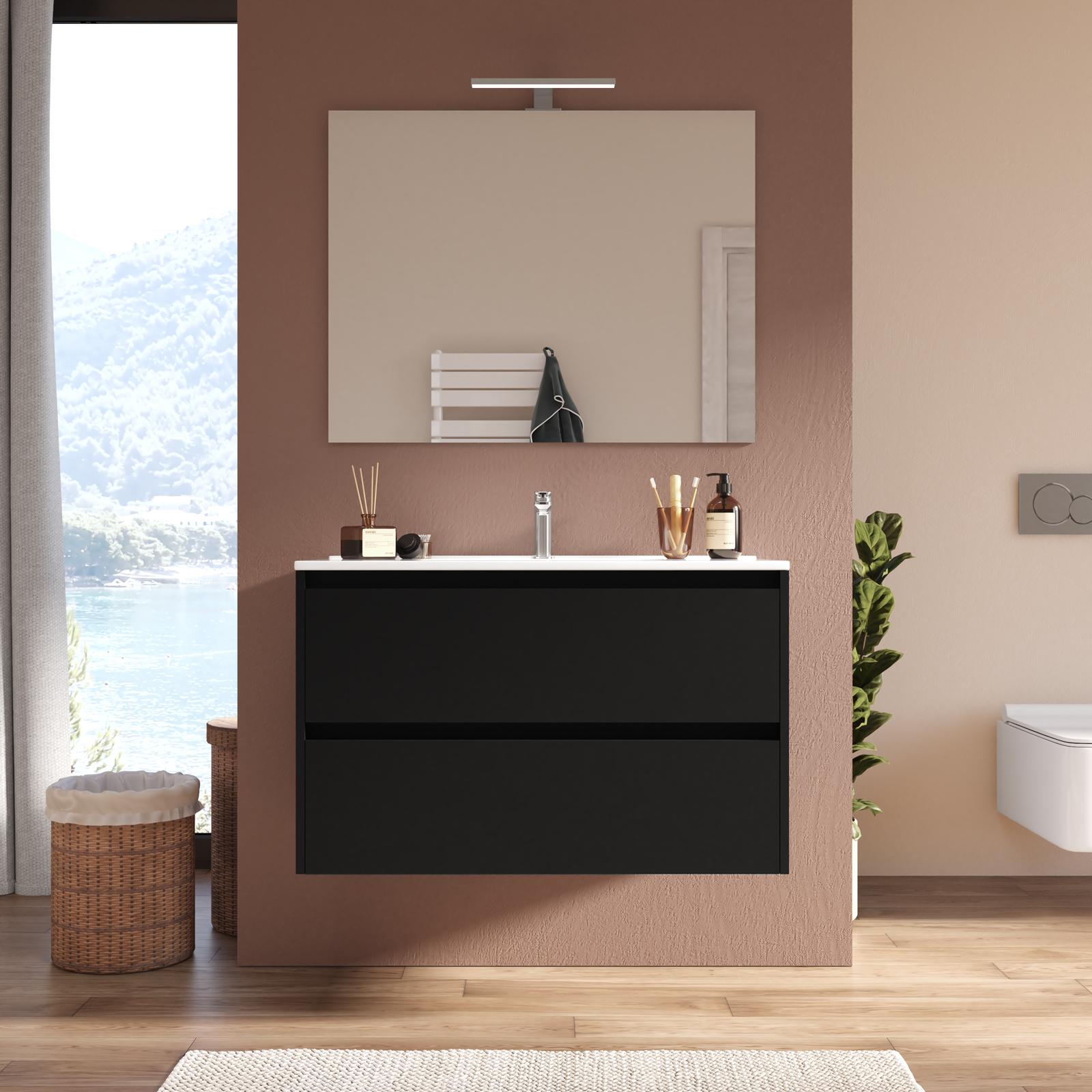 Specchio Da Bagno Nero JISOSO 61x91 Cm, Cornice Effetto Legno, Rettangolare, Montaggio A Parete, Vetro Temperato