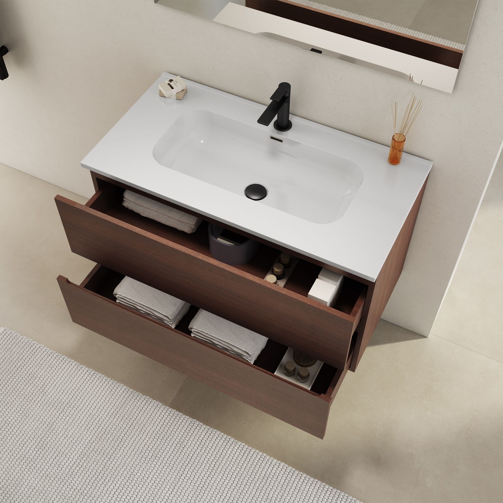 Mobile bagno sospeso 90 cm noce e antracite con specchio - Gresy