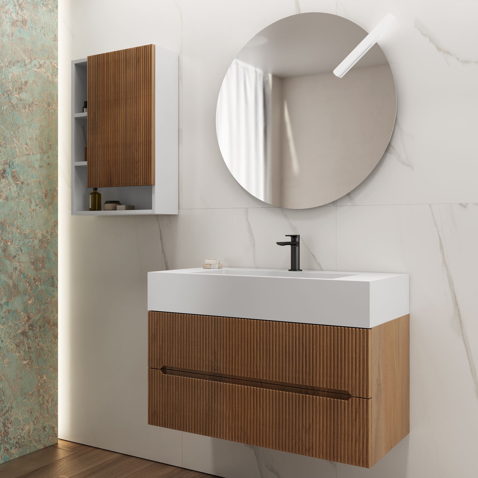 Mobile bagno sospeso 90 cm noce maior cannettato con top lavabo