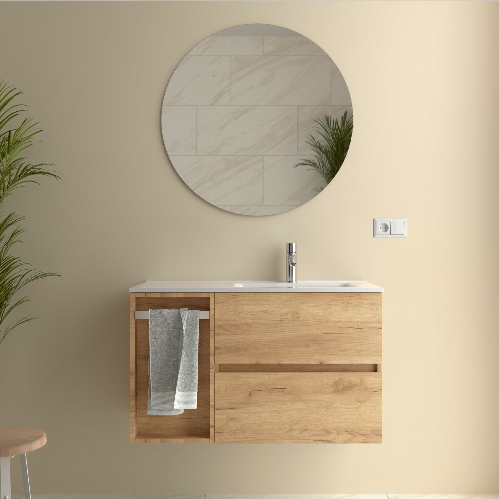 Mobile bagno sospeso 90 cm nero opaco con lavabo dx e vano a giorno rovere  africa 