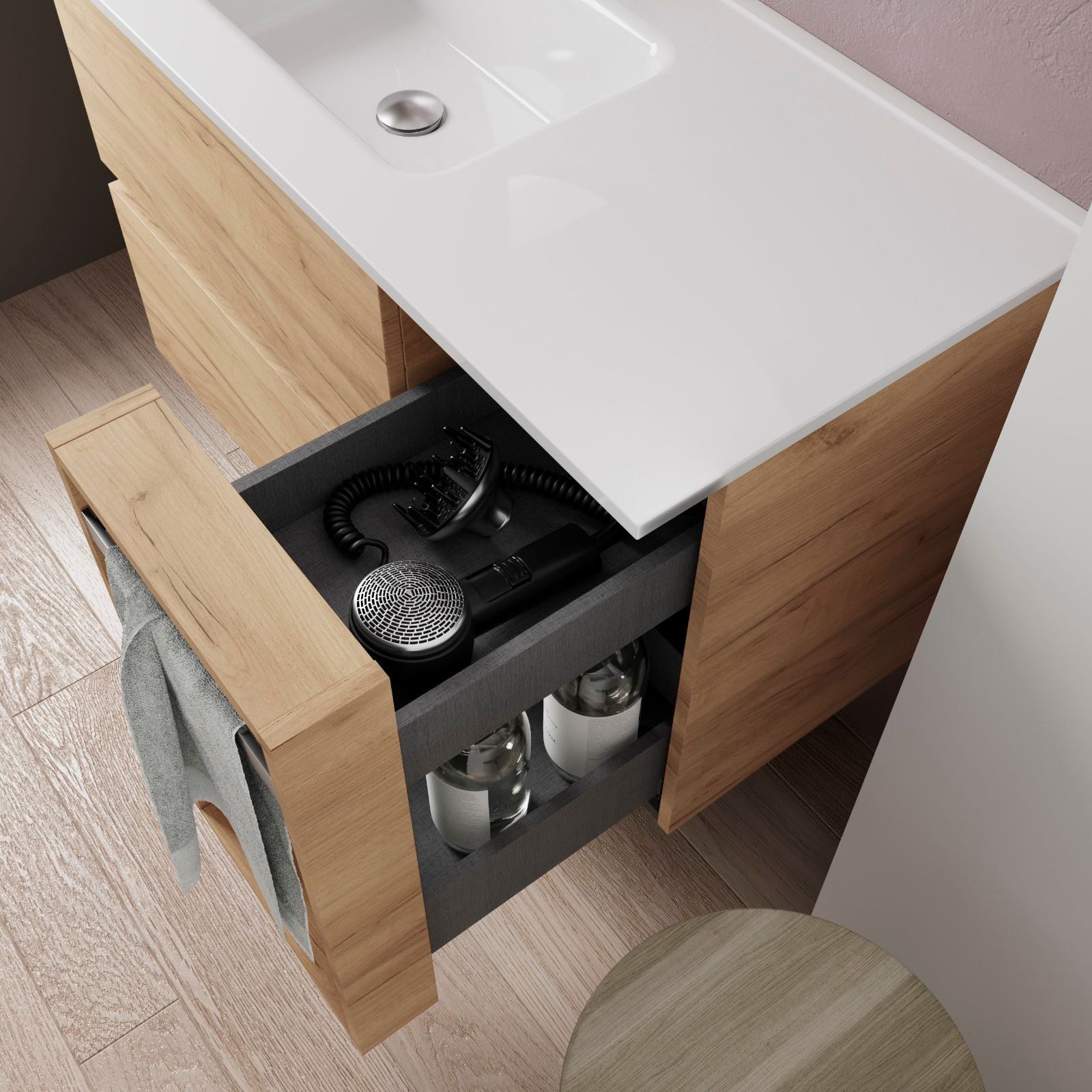 Mobile bagno sospeso 90 cm nero opaco con lavabo dx e vano a giorno rovere  africa 