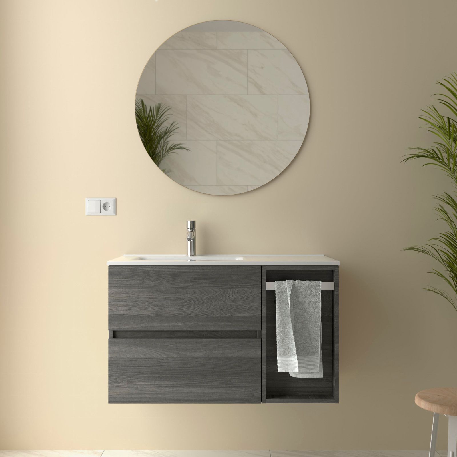 Mobile Bagno 90 cm Rovere Sospeso 2 Cassetti Lavabo e Specchio