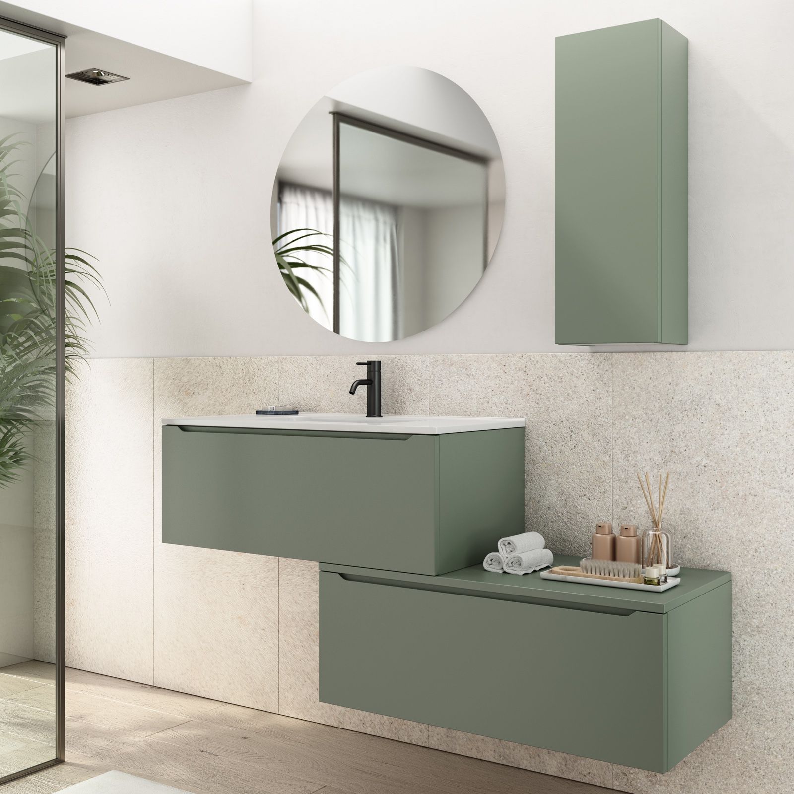 Mobile bagno sospeso 90 cm verde jungle con cassetti e specchio - Sleek