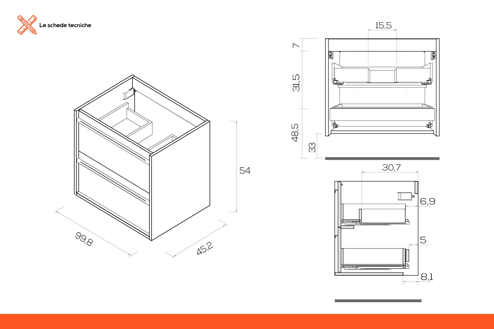 Mobile bagno 100cm sospeso con due cassetti e due ante  Kamalubagno Colore  Mobile Finitura Legno Marrone - 8702