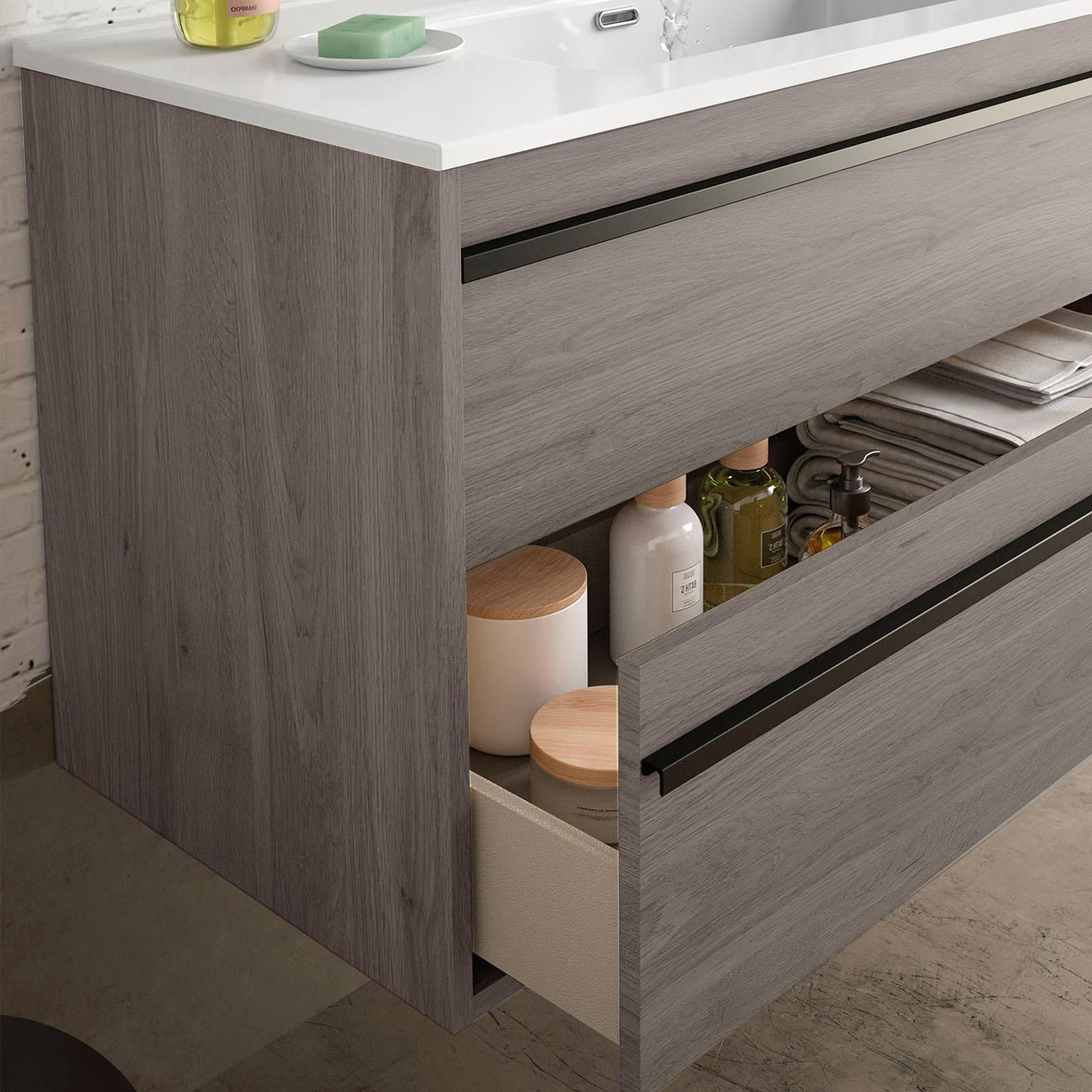 Mobile bagno sospeso 100 cm con 2 cassetti e specchio in rovere scuro -  Maestro