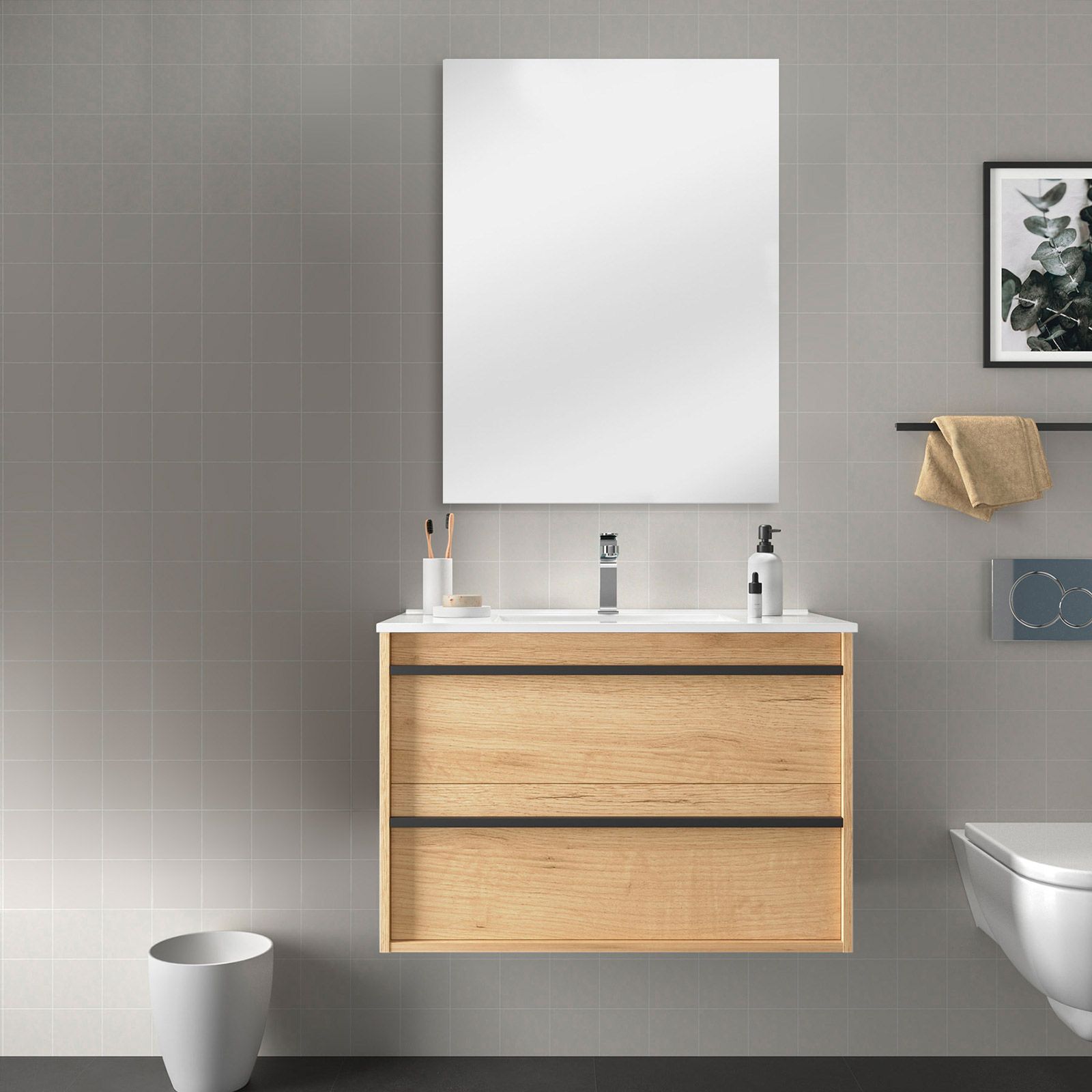 Mobile bagno sospeso 80 cm con 2 cassetti e specchio in rovere chiaro -  Maestro