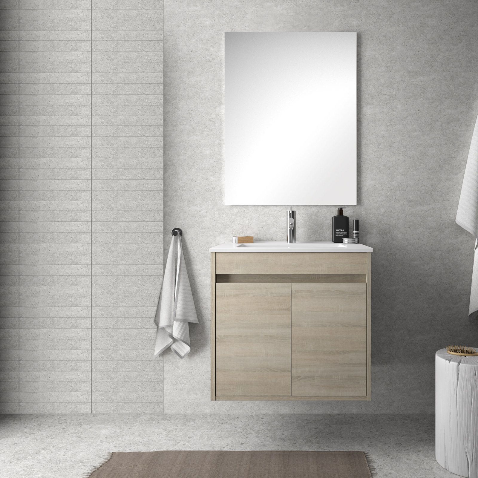 Mobile bagno sospeso da 60 cm rovere baita con lavabo in porcellana e  specchio - Medora