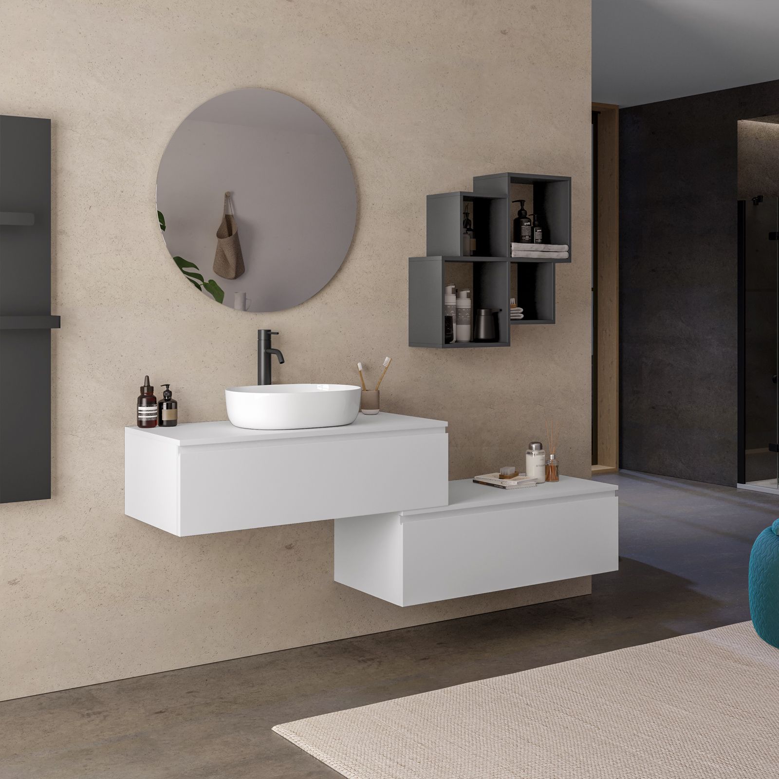 Mobile bagno sospeso portalavabo 100 cm con cassettone rovere biscuit e  specchio - Verano