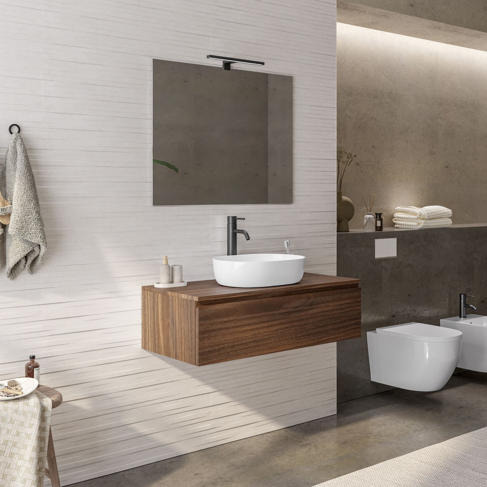 Mobile bagno sospeso portalavabo 100 cm rovere deciso e specchio - Verano