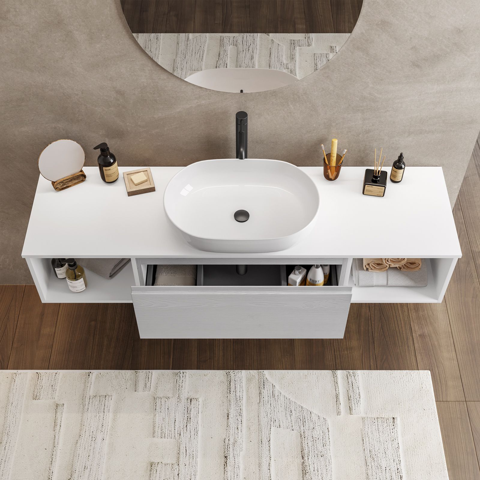 Mobile bagno sospeso portalavabo 160 cm bianco petalo con vani bianco  wedding e specchio - Verano