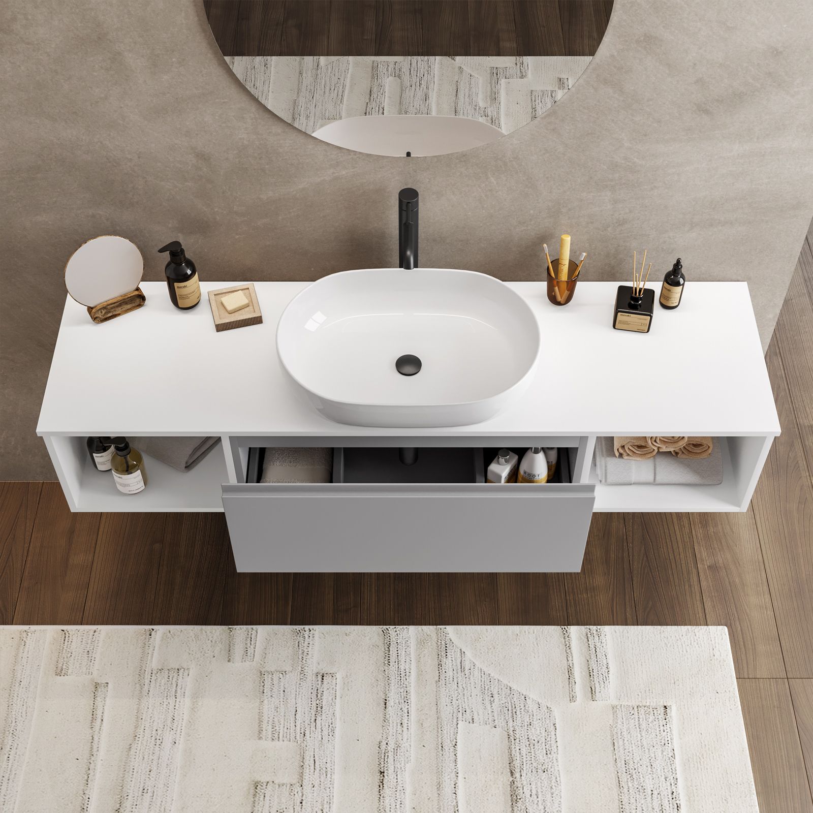 Mobile bagno sospeso portalavabo 160 cm grigio matt con vani bianco wedding  e specchio - Verano