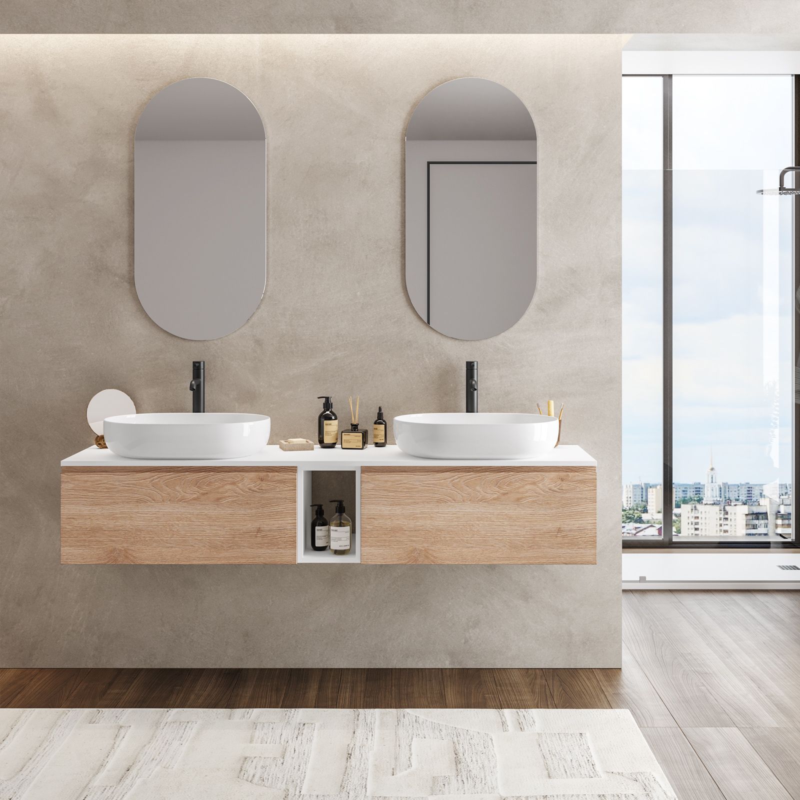 Mobile bagno sospeso portalavabo 180 cm rovere biscuit con vano bianco  wedding e specchi - Verano