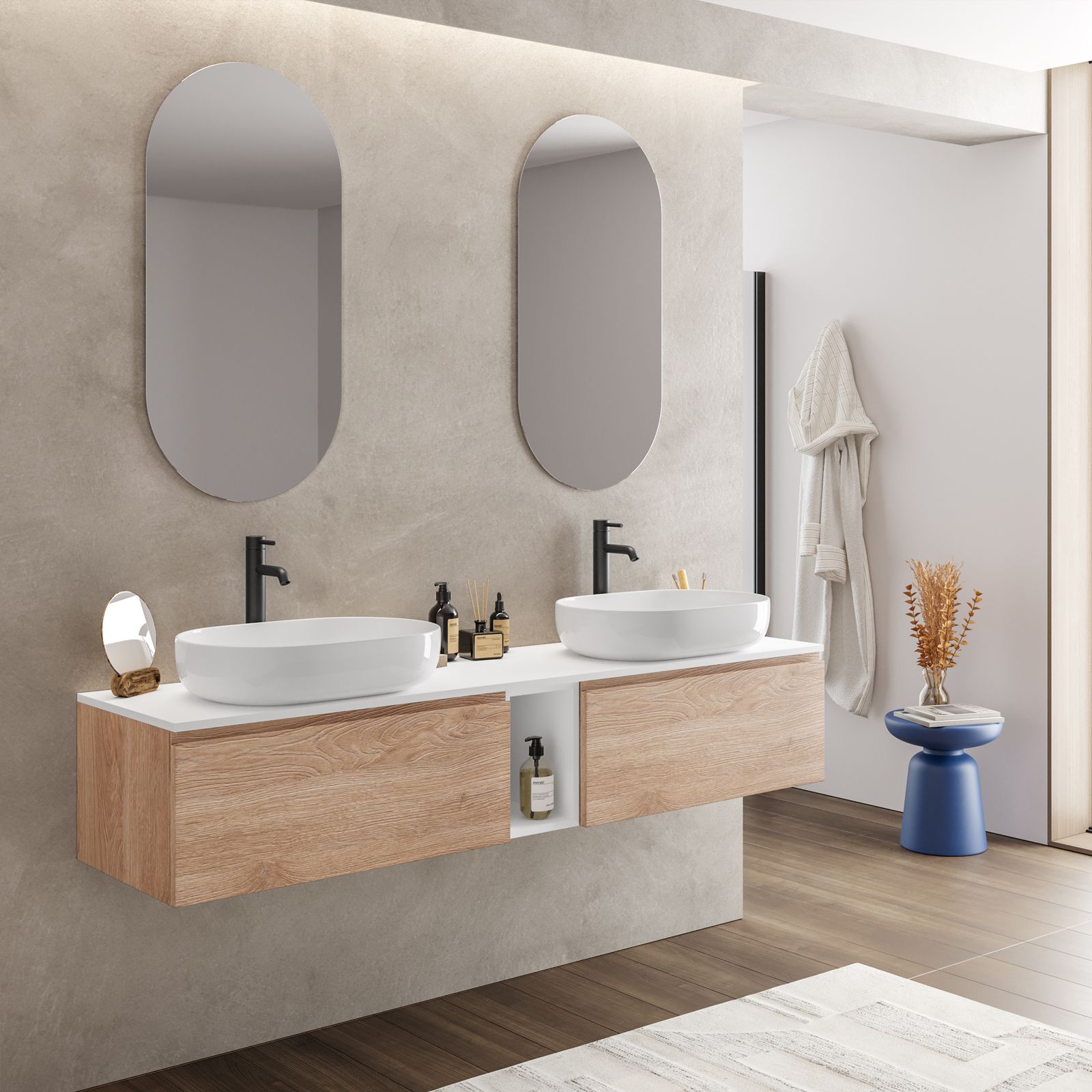 Mobile bagno sospeso portalavabo 100 cm con cassettone rovere biscuit e  specchio - Verano