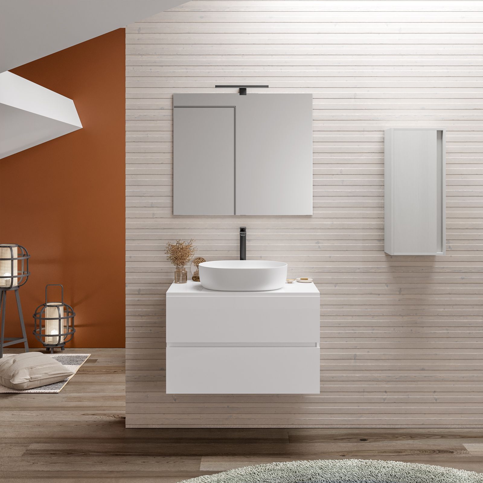 Mobile sottolavabo Dkamat, Mobiletto sospeso con 1 cassetto, Armadio per bagno  con specchio, Lavabo escluso, 80x59h45 cm, Rovere e Bianco