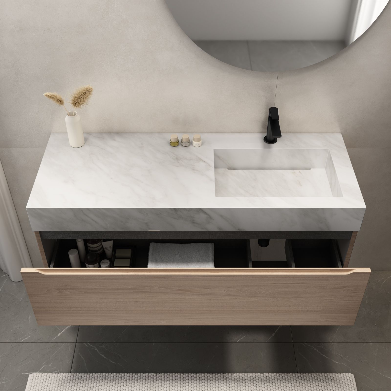 Mobile bagno sospeso portalavabo sx 120 cm rovere portofino con lavabo  bianco marmo - Nancy