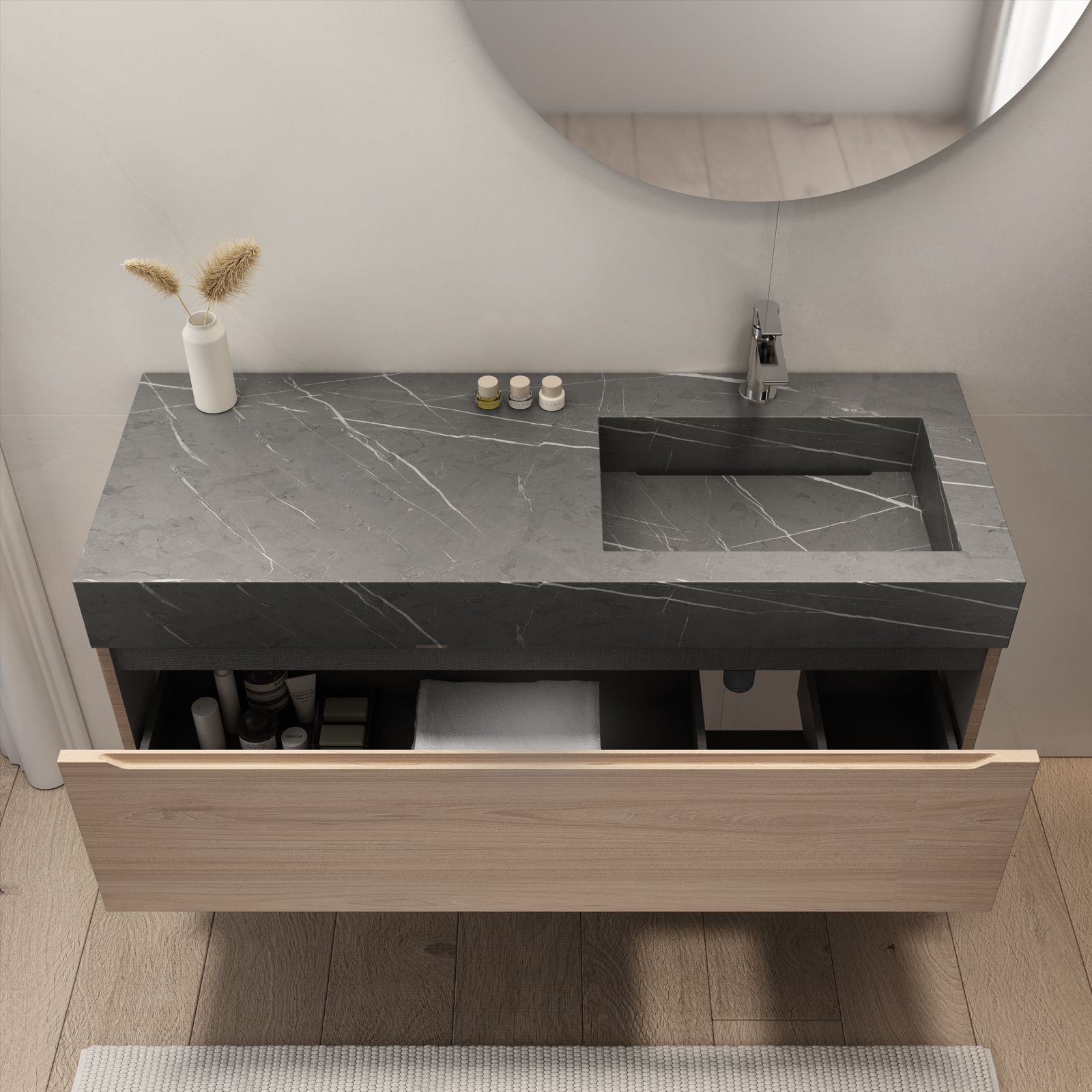 Mobile bagno sospeso portalavabo sx 120 cm rovere portofino con lavabo  bianco marmo - Nancy