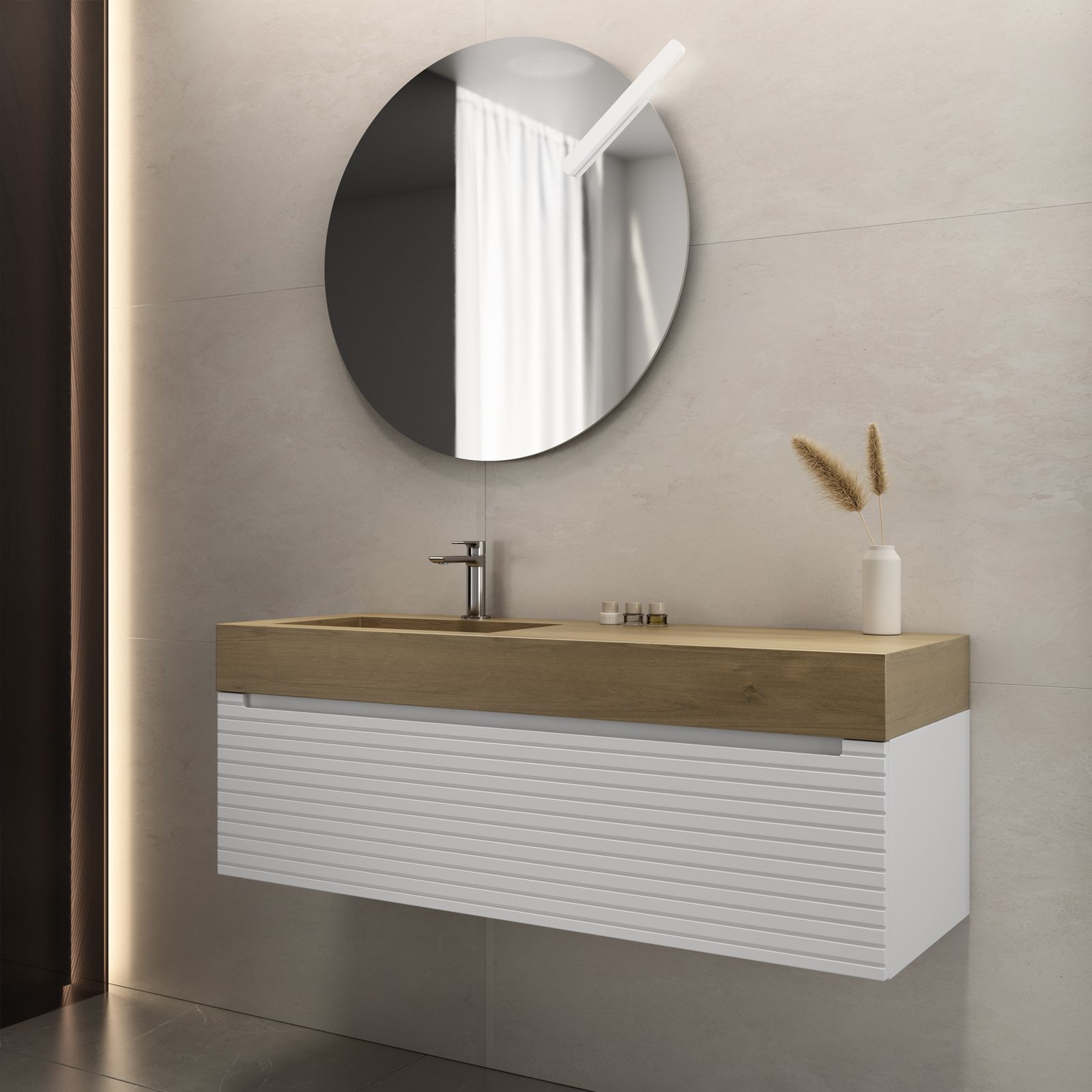 Mobile bagno sospeso 120 cm bianco opaco cannettato con lavabo sx e  specchio - Deck