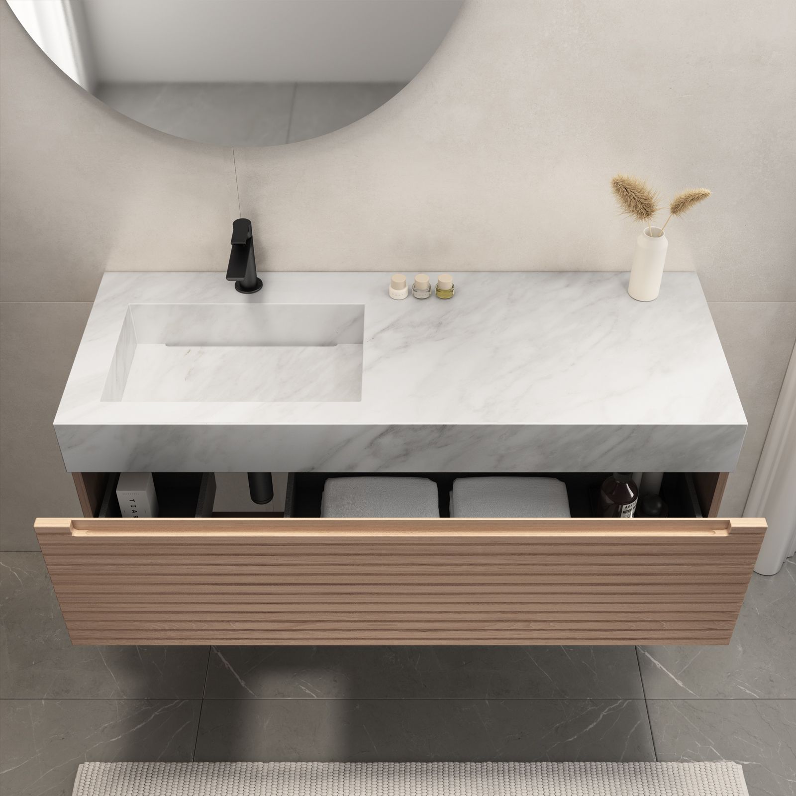 Mobile bagno sospeso portalavabo sx 120 cm rovere portofino con lavabo  bianco marmo - Nancy