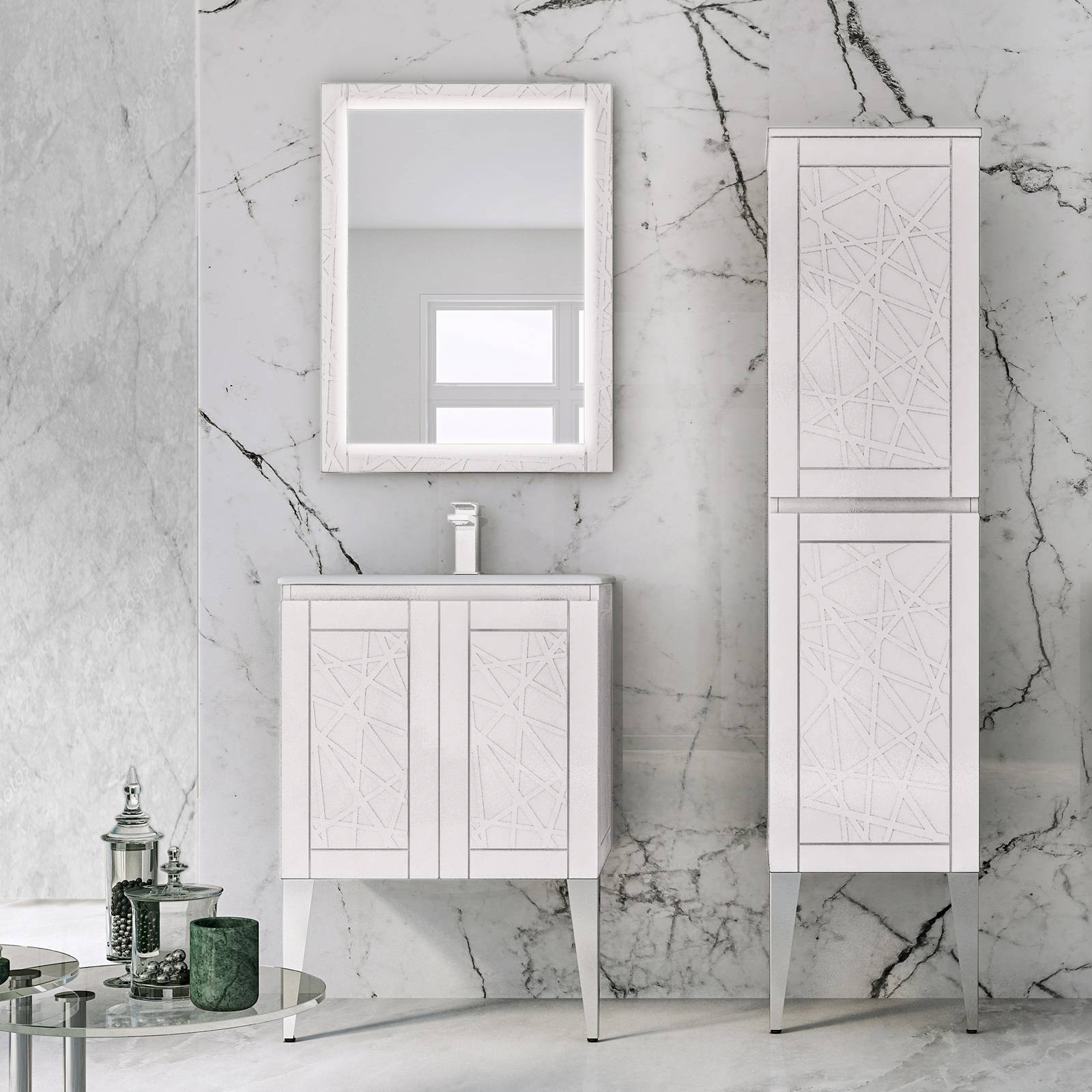 Mobile bianco opaco 60 cm a terra con lavabo ceramica e con specchio led e  colonna