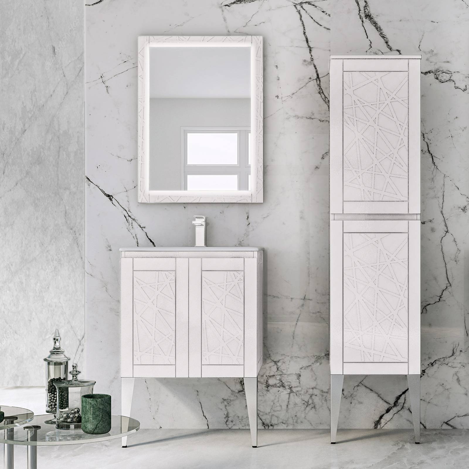 Mobile bagno a terra bianco opaco 60 cm con lavabo specchio LED touch e  colonna, Arcshop