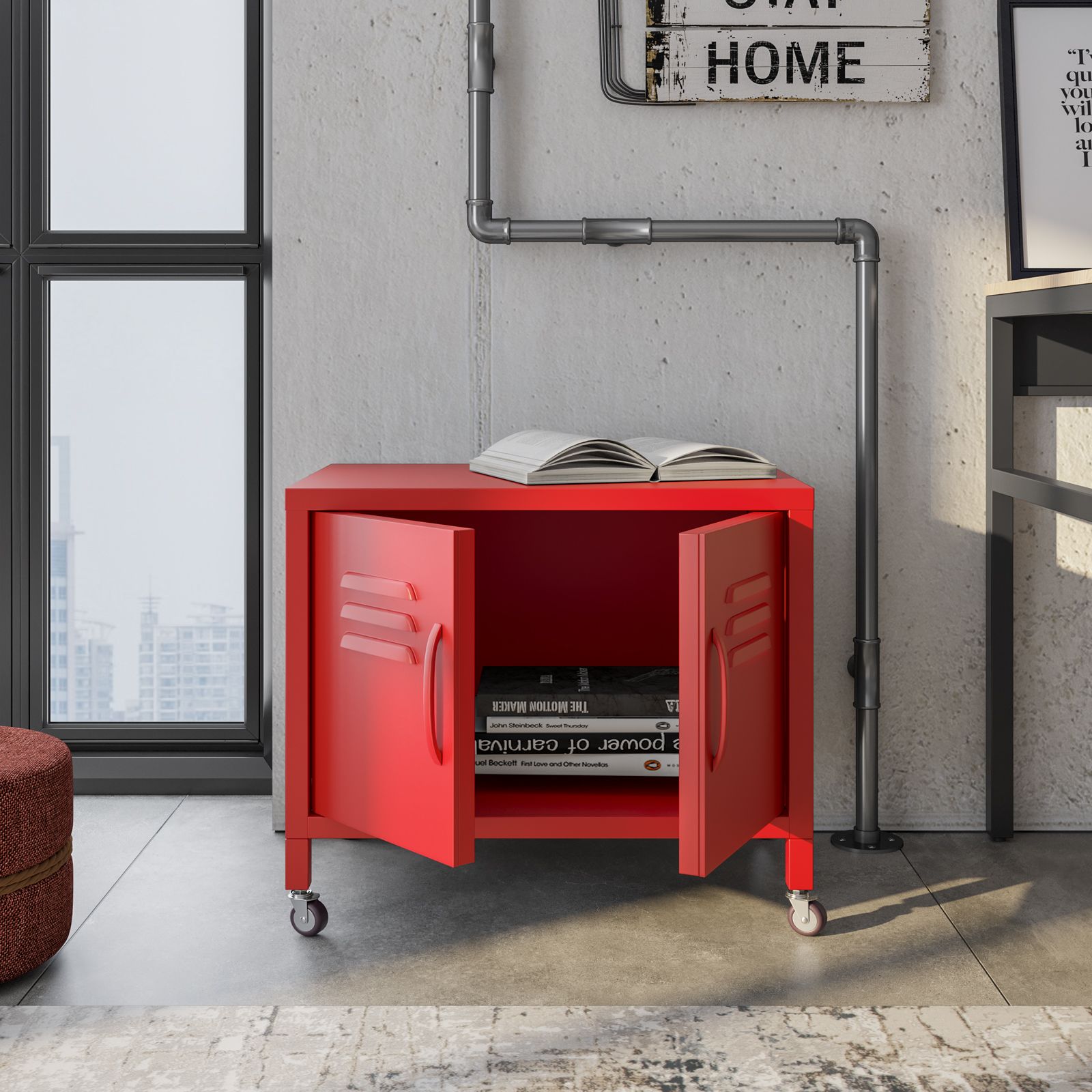 Mobile contenitore 60x49h cm in metallo rosso con 2 ante e ruote - Latino