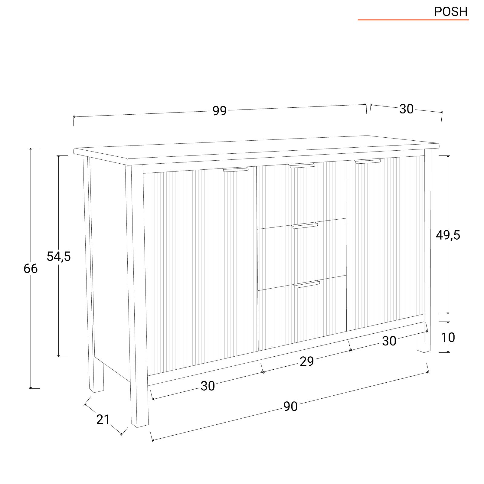 Madia bassa 99X66h cm in legno di pino nero cannettato con 2 ante e 3  cassetti - Posh