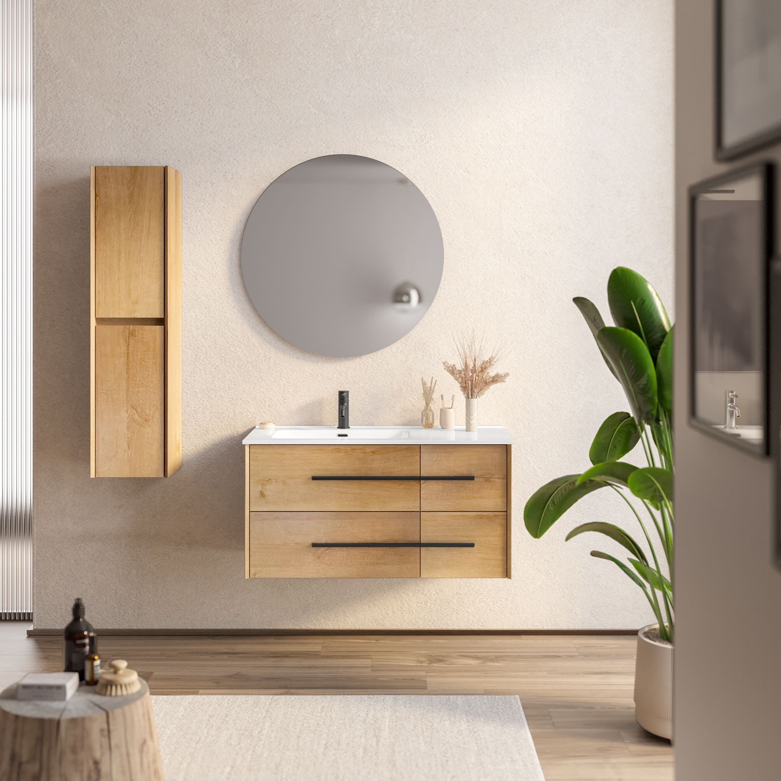 Mobile bagno sospeso 100 cm bianco opaco con lavabo integrato e specchio -  Riven