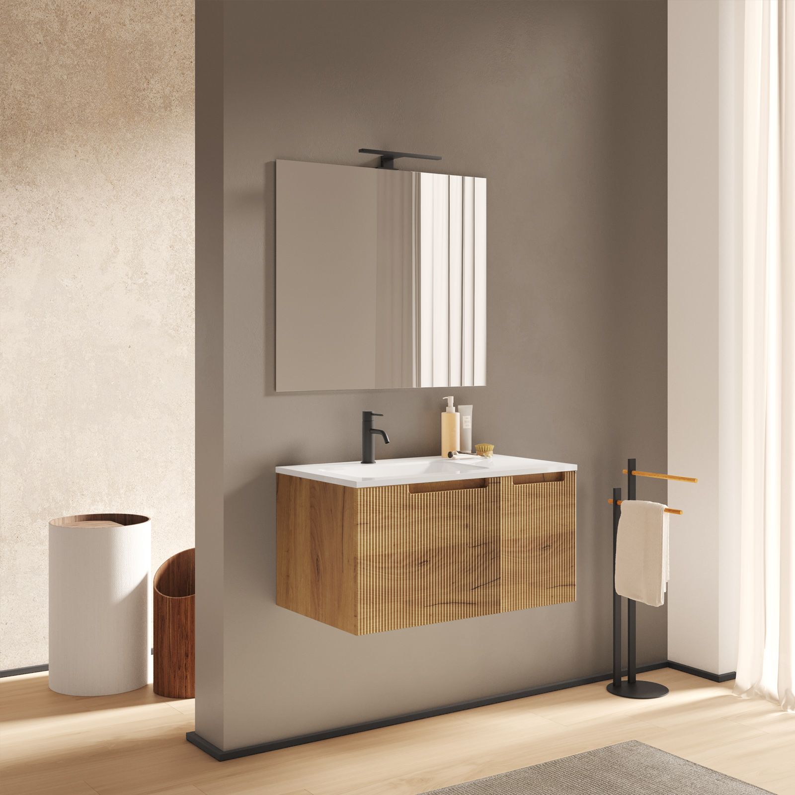 Mobile bagno sospeso 80 cm rovere europeo cannettato e specchio - Konai