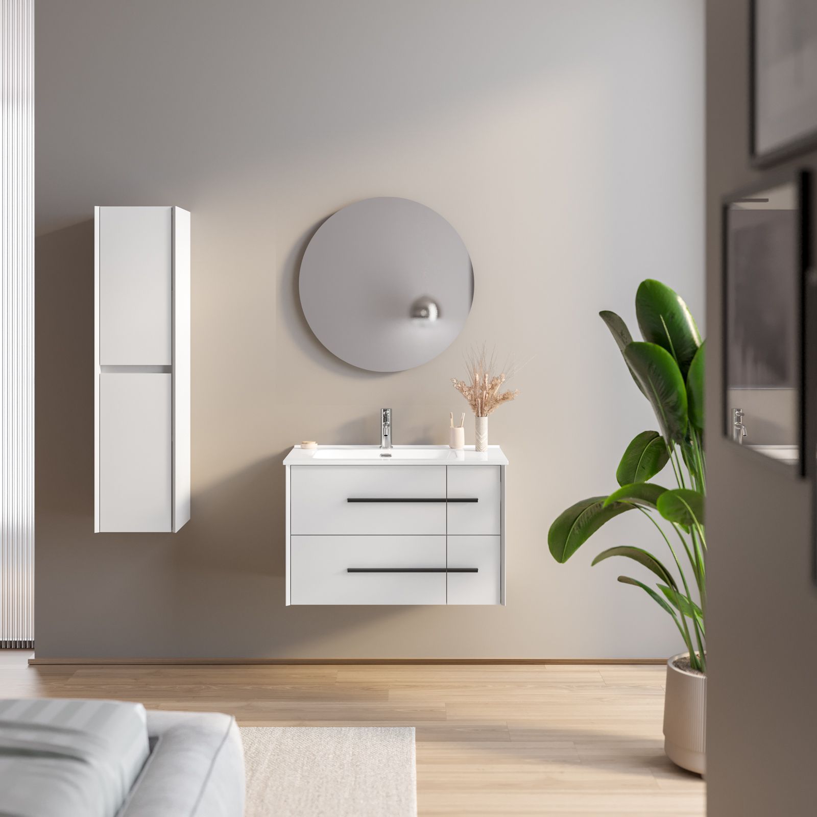 Mobile bagno sospeso 80 cm bianco opaco con lavabo integrato e specchio -  Riven