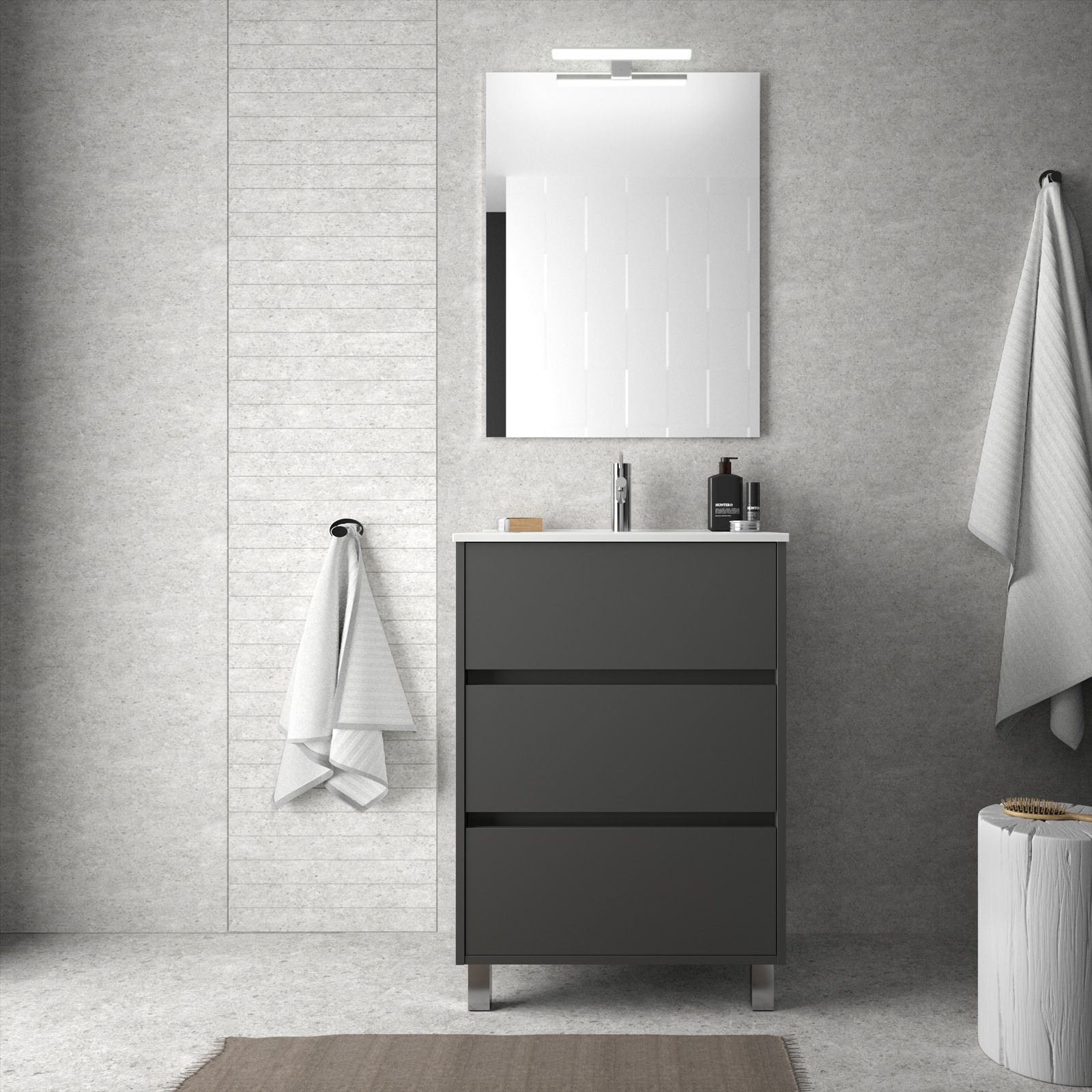 Mobile bagno con piedini 60 cm grigio opaco lavabo in porcellana e specchio  - Libras
