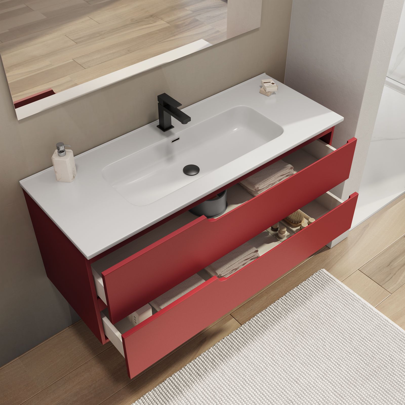 Mobile bagno sospeso 120 cm con lavabo integrato rosso brik opaco e specchio  - Agave Plus