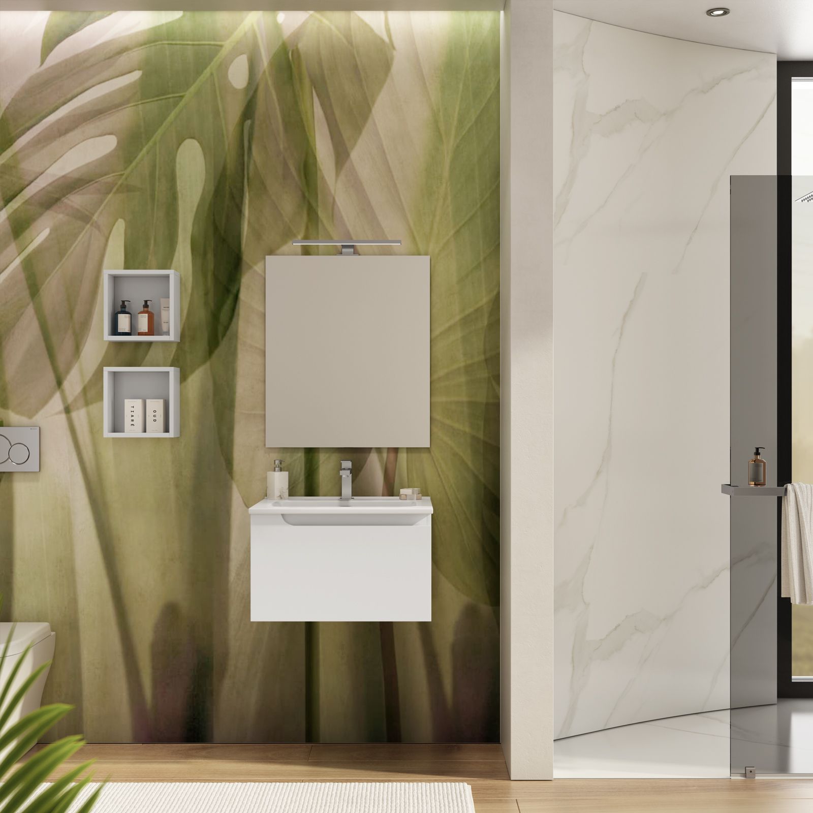 Mobile bagno sospeso 60 cm con lavabo integrato bianco opaco e specchio -  Agave