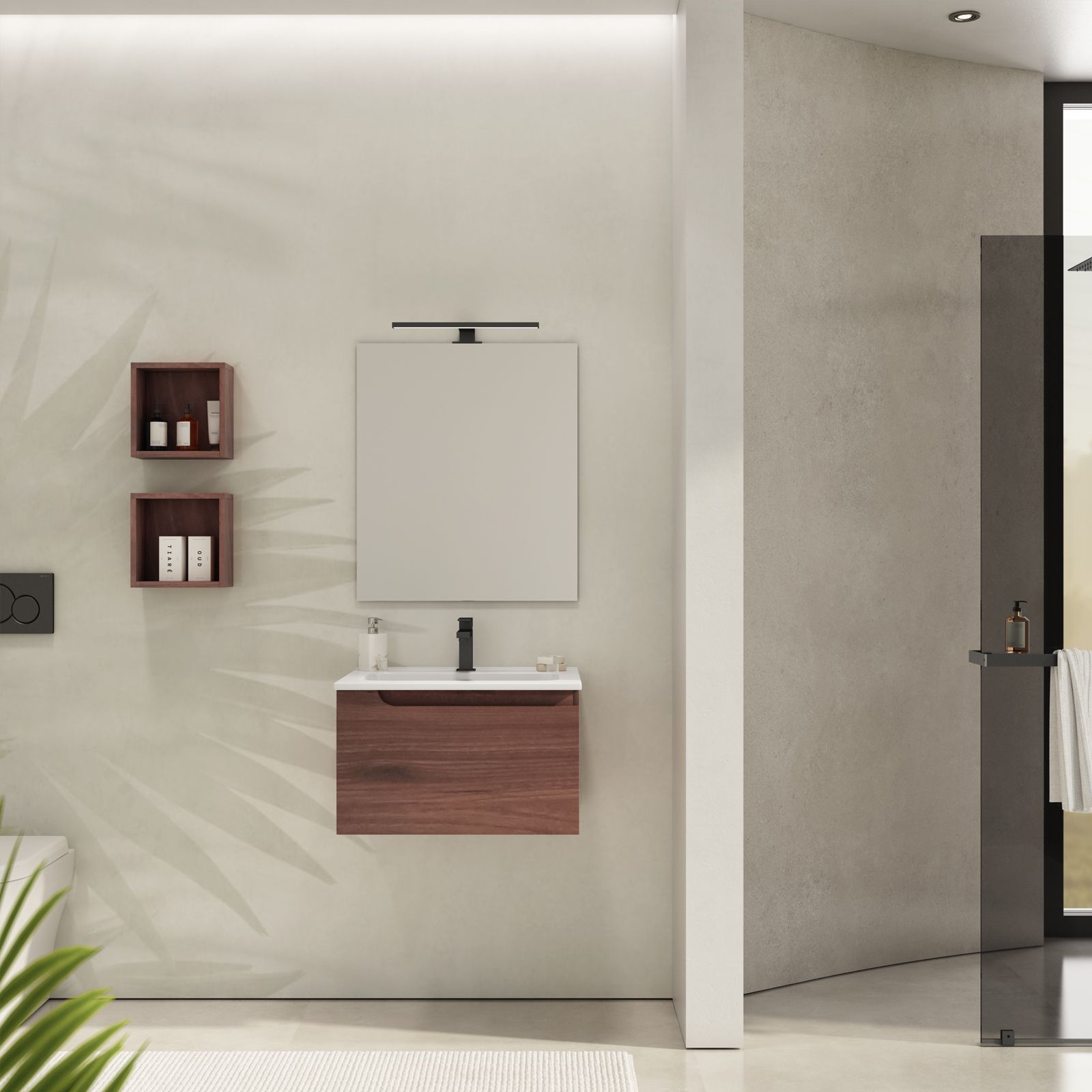 Mobile bagno sospeso 60 cm con lavabo integrato color noce windsor e  specchio - Agave