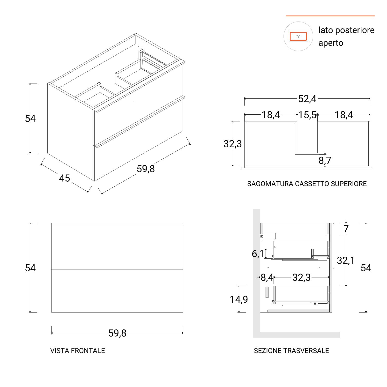 Mobile da bagno sospeso 60cm noce scuro con lavabo e specchio mod. Hoia