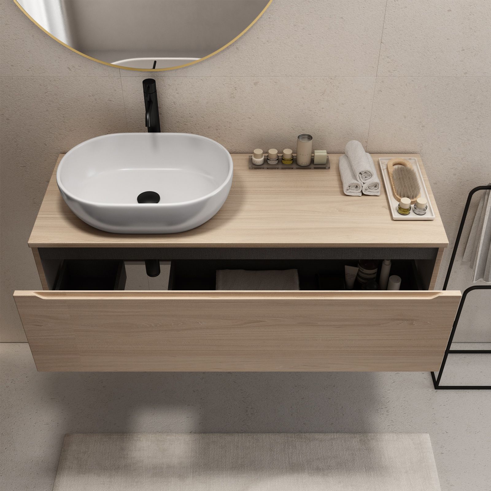 DEGHI MOBILI Mobile Bagno Sospeso 120 Cm Tango Doppio Lavabo Rovere Chiaro  Con Specchio