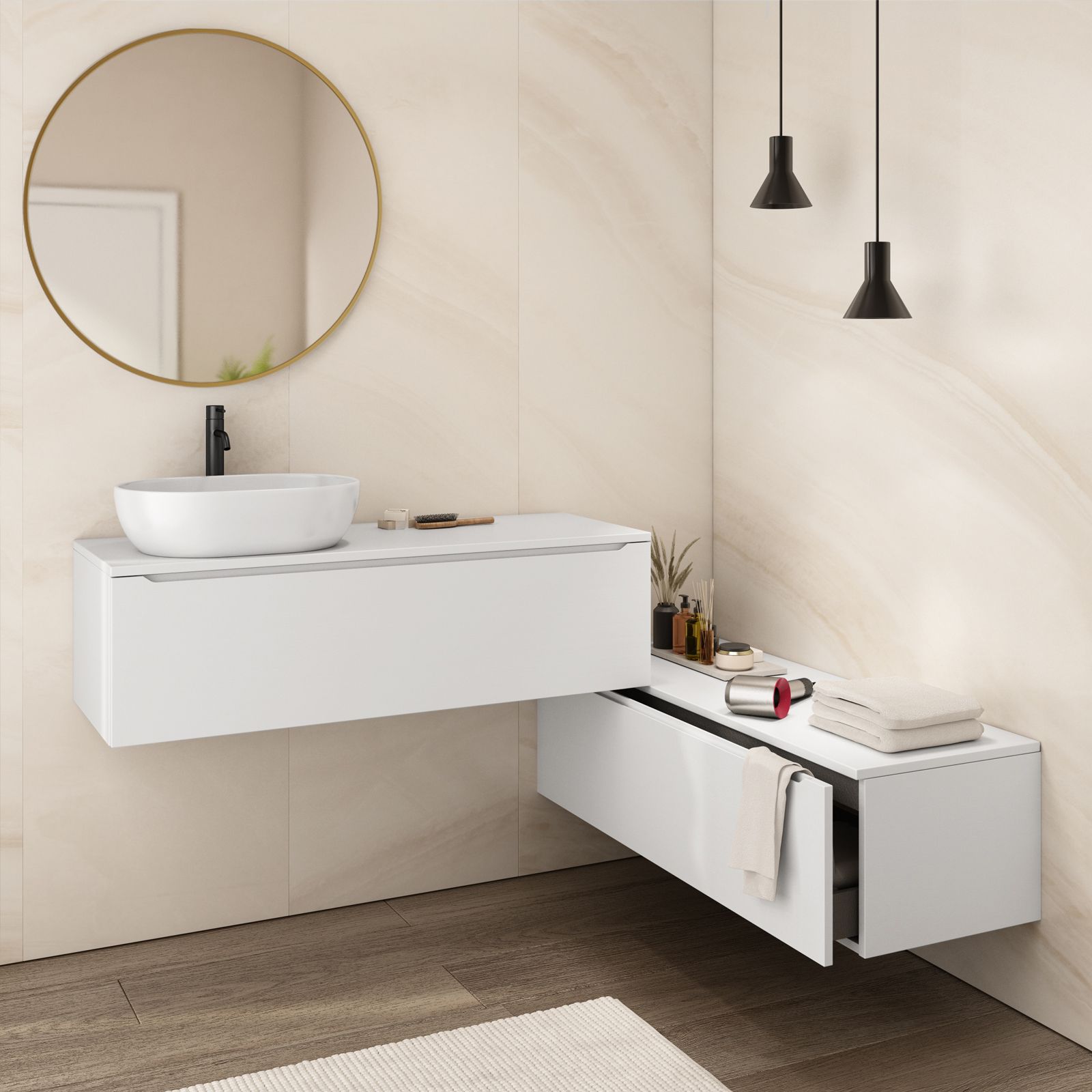 Mobile bagno sospeso 120 cm grigio opaco con lavabo integrato dx e cassetti  - Sleek