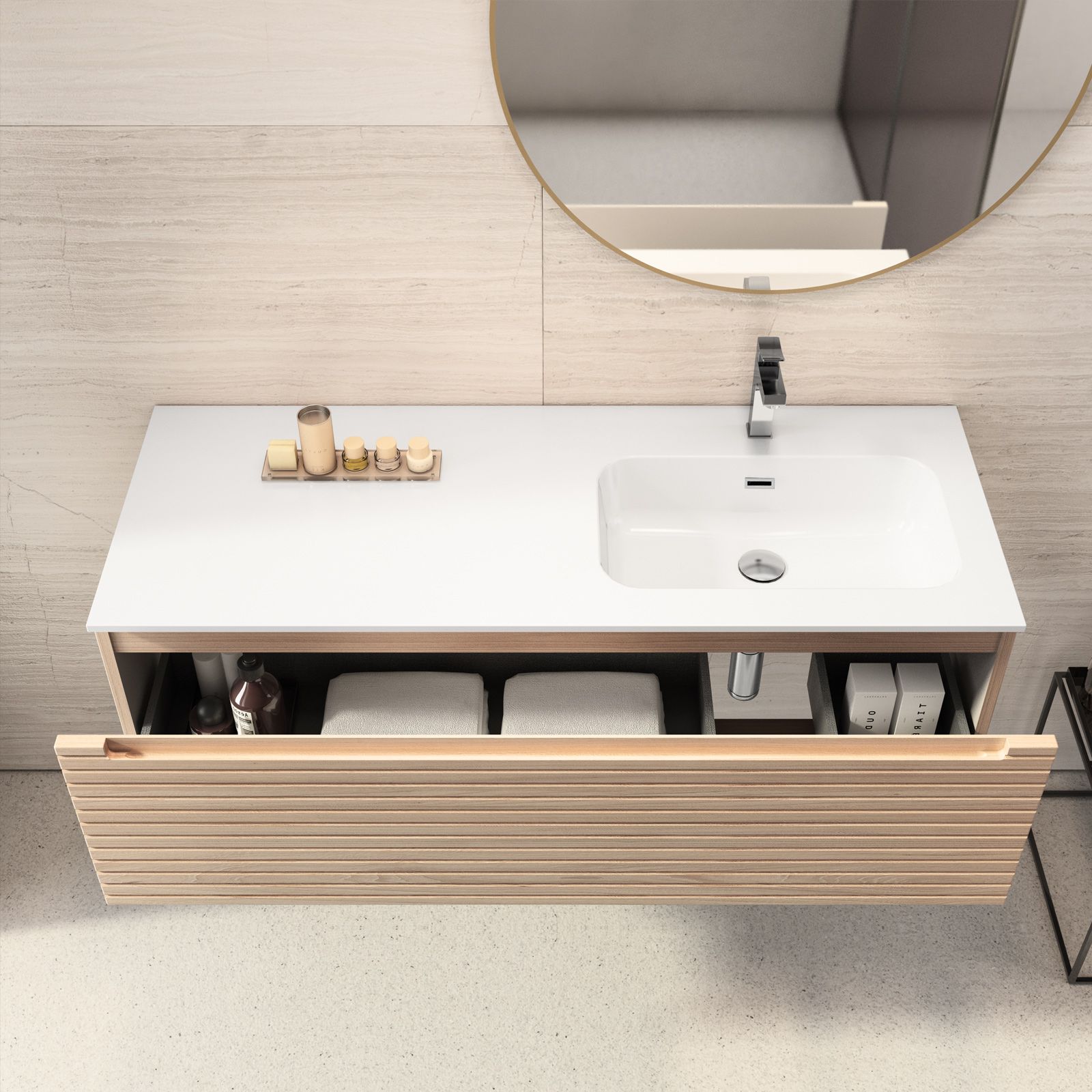 Mobile bagno sospeso 150 cm cassetto inferiore sx rovere portofino e bianco  opaco con lavabo e