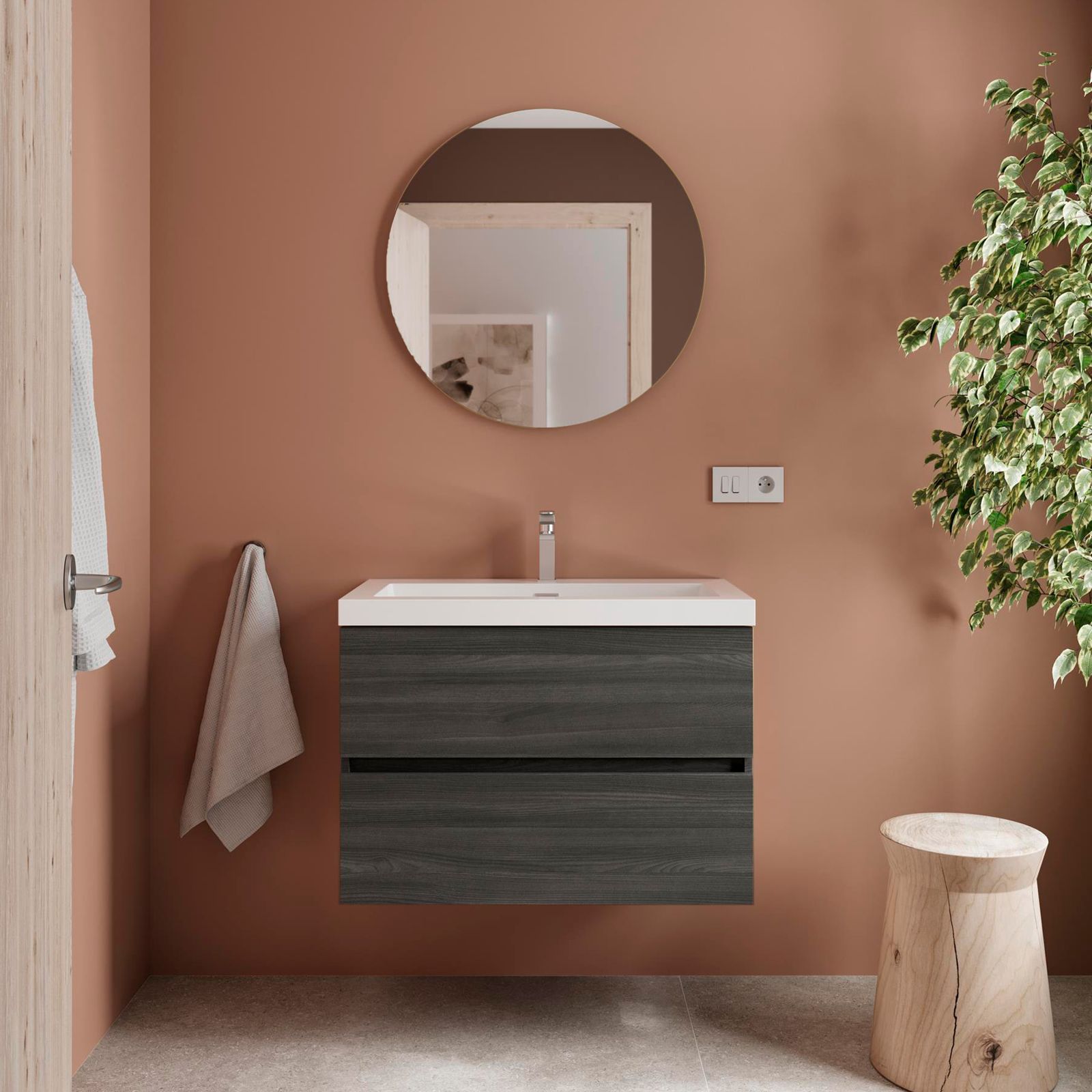 Mobile Bagno Sospeso 80 cm Rovere Slavonia con Specchio Contenitore Soft -  Spazio