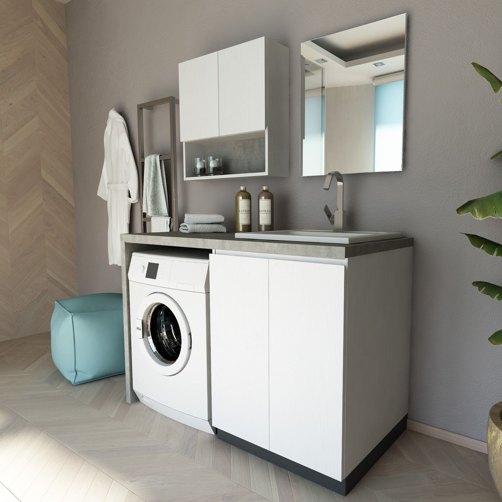 Mobile lavanderia 140 cm con lavabo sx e colonna porta lavatrice e  asciugatrice bianco e frassino 